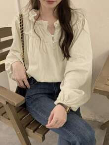 Square Neck Single-Breasted Lantern Sleeve Blouse Tops - Apricot - View 3