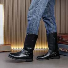 Men's Buckle Western Mid-Calf Riding Boots, Men's Boots, Vintage Work Boots, Outdoor Daily Commute Men's Casual Boots - Black - View 8