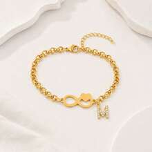 1pc New Classic Heart Infinite Symbol Initial Pendant Golden Stainless Steel Chain Bracelet For Women - Yellow Gold - View 3