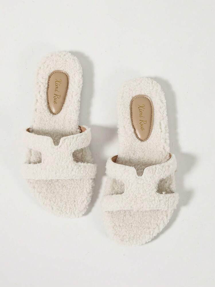 Ximi Ruo Women's Solid Color Flat Fuzzy Fur Slippers, Casual Holiday Beach Home Slippers, Outdoor Wear Autumn Winter Warm Slippers, Simple Fashion Fuzzy Slippers, Slouchy Slip-On Women's Shoes, Soft Fuzzy Lining, Daily Commute Outfit, Indoor Home Outdoor Street Wear, Versatile Soft Lightweight Women's Slippers, Autumn Winter Warm Gentle Style Women's Slippers, Comfortable Flat Casual Travel Outfit Shoes, Slouchy Home Outdoor Wear Dual-Use Fleece Slippers - Beige - View 8