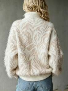 Autumn/Winter Thickened Plush Vintage Jacquard High Neck Zipper Loose Soft Long Sleeve Knit Sweater - White - View 2