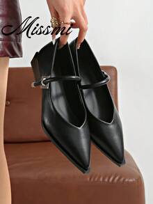 Vintage Chunky Heel Pointed Toe Mary Jane Pumps For Women, New Elegant Commuter French Style High Heels With Strap - Black - View 1