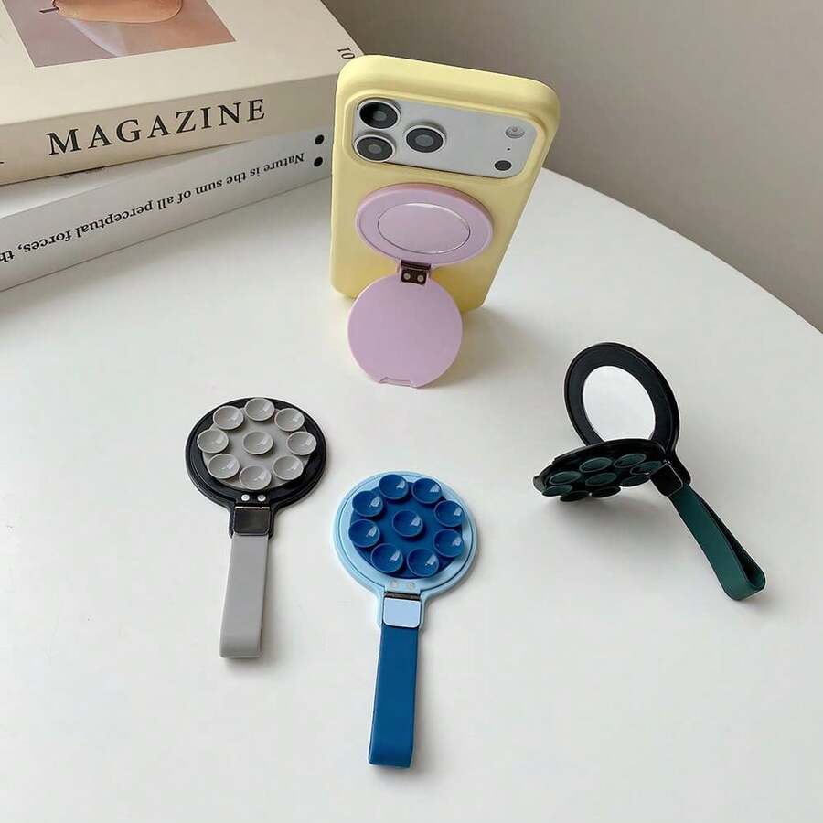 Dudukan Ponsel Magnetik Warna Solid Musim Panas dengan Cermin dan Tali Gantungan, Perekat Hisap Menempel pada Dinding Halus, Tempat Ponsel Meja - MultiWarna - View 1
