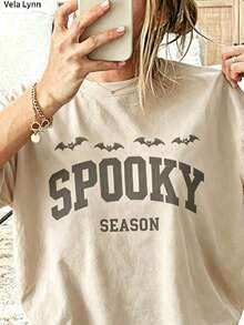 Halloween Costume Women Spooky Season Bat Print Short Sleeve Tee, Casual Fall Graphic T Shirt, Tropicoqueta Outfit Going Out Vacation Music Concert - 杏色 02 - 查看 1