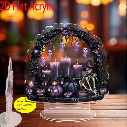2D Flat, 1pc Traditional Gothic Style Halloween Decoration - Purple Candle, Pumpkin, Skull Desktop Ornament - Suitable For Home, Office, Party Decor - No Power Required - Easy To Clean Acrylic Material, Ghost Theme, Handmade Wreath Design, 2D Flat
