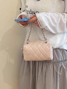 Tas Tangan Rantai Wanita Motif Berlian Bordir, Tas Selempang Mini Kotak dengan Penutup Resleting, Cocok untuk Kencan dan Belanja untuk Wanita - Berwarna merah muda - View 3