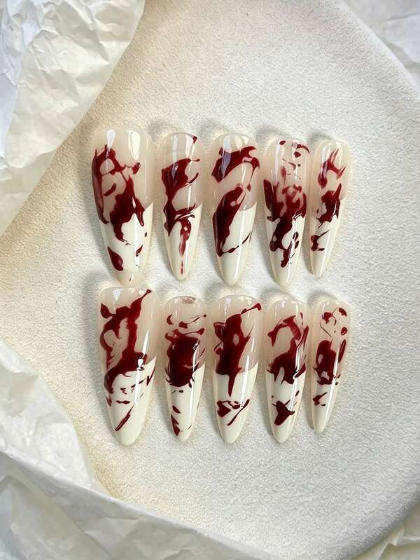 10pcs Pure Handmade Long Press On Nails, Y2k Vintage Cool Goth Style, Cream Base Burgundy Splash Ink Smudge Patterns For Women And Girls, Spring Summer Fall Winter Festivals Halloween Party And Daily Life Use