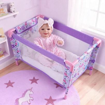 BABESIDE Set de Cuna para Muñecas de 18 Pulgadas, Corral Plegable para Muñecas con Bolsa de Almacenamiento para Accesorios de Muñecas Reborn, Paquete y Juega de Niña Púrpura