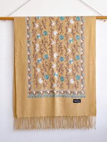 1pc Women's Autumn/Winter Faux Cashmere Embroidered Scarf, Thick Warm Tassel Embroidered Bohemian Style Travel Shawl Cape - Camel - View 2