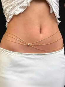 1 Peça Corrente de Cintura com Strass Quadrado Estilo Doce & Cool Hot Girl, Adequada para Viagens, Festas e Uso Diário de Mulheres - Dourado - Visão 1