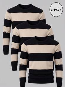 3pcs/Set Men's Mercerized Striped Slim Fit Regular Shoulder Crew Neck Long Sleeve Sweater - Apricot - View 1