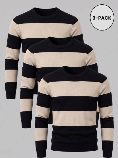 3pcs/Set Men's Mercerized Striped Slim Fit Regular Shoulder Crew Neck Long Sleeve Sweater