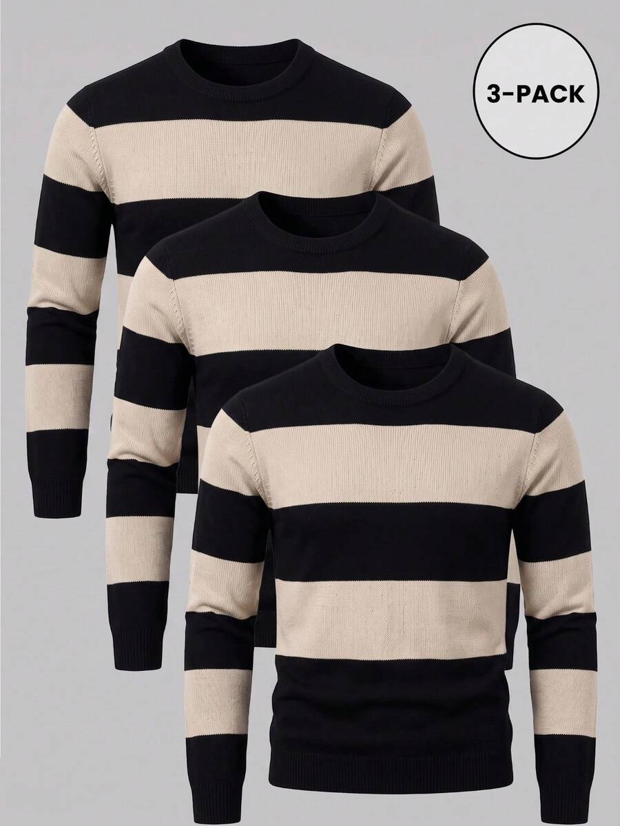 3pcs/Set Men's Mercerized Striped Slim Fit Regular Shoulder Crew Neck Long Sleeve Sweater - Apricot - View 1