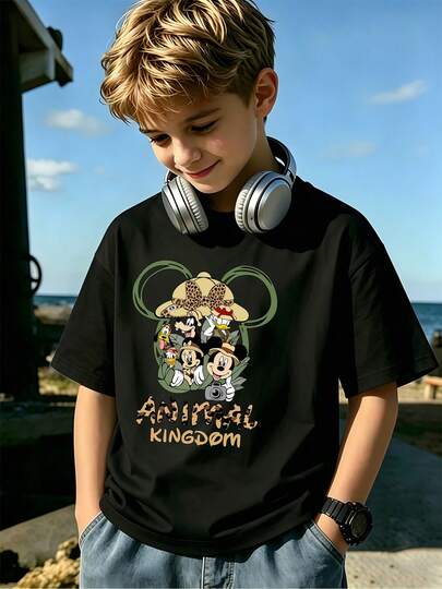 Disney Animal Kingdom Teen 100% Cotton Short Sleeve T-Shirt, Mickey Jungle Safari Retro Print, Perfect For Family Matching Outfits & Vacation Trips
