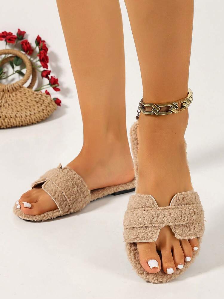 Ximi Ruo Women's Solid Color Flat Plush Fur Slippers, Casual Vacation Beach Home Slippers, Outdoor Wear, Autumn/Winter Warm Slippers, Minimalist Fashion Fur Slippers, Slouchy Slip-On Women's Shoes, Soft Plush Lining, Daily Commute Outfit, Indoor Home Outdoor Street Wear, Versatile Soft Lightweight Women's Slippers, Autumn/Winter Warm Gentle Style Women's Slippers, Comfortable Flat Casual Travel Outfit Shoes, Slouchy Home Outdoor Wear Dual-Use Fleece Slippers - Apricot - View 4