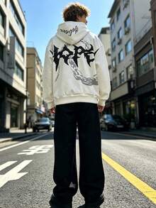 Lurzo Teen Boys Y2K Street Style Sports Hoodie Set, Letter Printed Hoodie,Contrast Stacked Waist Design Striped Printed Loose PantsAutumn And Winter - White - View 5