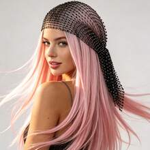 Women Rhinestone Fishnet Full Head Cover, Sparkly Crystal Mesh Head Wrap, Elegant See-Through Headpiece For Wedding Party & Photoshoot - Silver - View 10