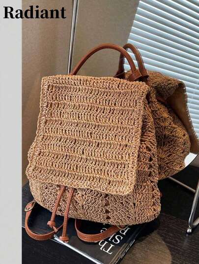Spring New Straw Woven Flap Backpack, Fashionable Versatile Vacation Casual Backpack, Hollow Straw Woven Design, Personalized Casual Backpack