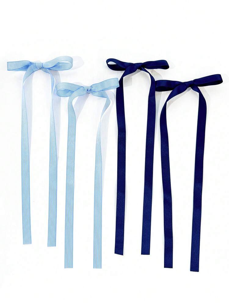 2pcs Fresh Preppy Style Long Ribbon Bow Hair Clips, Striped & Solid Color Satin Ribbon Design, Suitable For Back To School Season, Daily Wear, Girly Aesthetic Hair Accessories - Multicolor - View 5