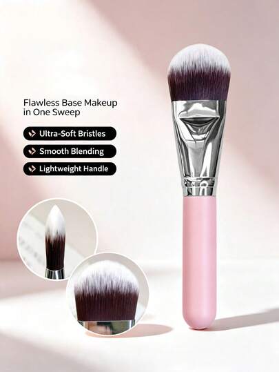 1pc Pink Handle Tongue-Shaped Flat Head Foundation Makeup Brush, Soft Synthetic Bristles Face Blending Brush, Liquid And Cream Foundation Makeup Application Tool