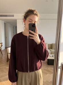 GMFP 女款夏秋休閒優雅時尚寬鬆深紅色拉鍊短版羊毛外套夾克 六月節日假期季節 - 暗紅色 - 查看 1