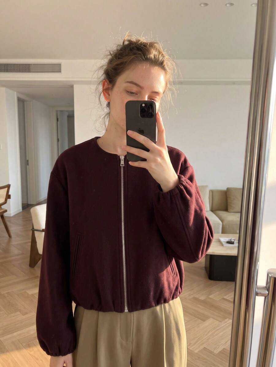 GMFP 女款夏秋休閒優雅時尚寬鬆深紅色拉鍊短版羊毛外套夾克 六月節日假期季節 - 暗紅色 - 查看 1