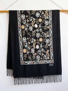 1件女款秋冬仿羊絨刺繡圍巾，加厚保暖流蘇刺繡波西米亞風旅行披肩斗篷 - 黑色 - 查看 2