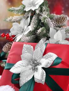 1/10/20/30pcs Shiny Double-Layer Red Poinsettia Artificial Flowers With Clips, 6.7 Inch, Suitable For Christmas Tree, Wreath, Staircase, Fireplace, Window, Coffee Table And Holiday/Wedding Party Decoration, Christmas Gift - Silver - View 8