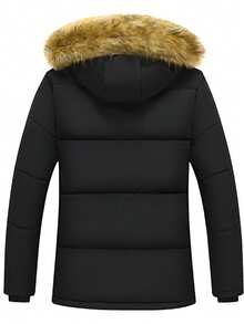 Men's Casual Sports Hiking Mid-Length Thermal-Lined Thickened Jacket With Multiple Pockets And Buttons, Versatile Solid Color Black - Black - View 3