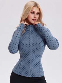 KyrLssu Women's Polka Dot Zipper Stand Collar Long Sleeve Slim Fit Pocket Jacket - Blue - View 4