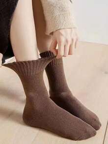 1/3/5/10 Pairs Solid Color Thermal Lined Thick Mid-Calf Socks, Thick Terry Warm Socks, Autumn/Winter Casual Home Sleep Floor Socks - Black - View 7