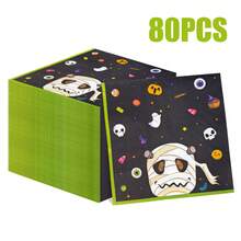80pcs 13 * 13 Inch Disposable Halloween Printed Napkins, Featuring Cartoon Mummies, Skeletons, Bats, Spider Webs, And Ghost Patterns, Suitable For Halloween Parties, Themed Birthdays, Family Dinners, Outdoor Picnics, And Tabletop Decorations - View 14