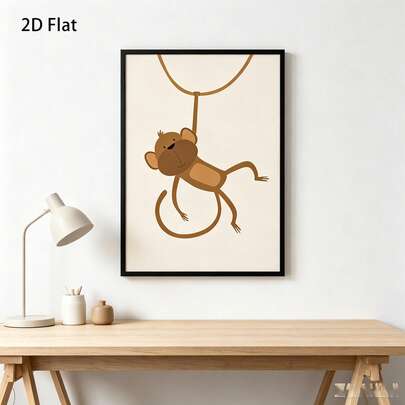 Nordic Wooden Style Light Brown Cute Monkey Vertical Wall Art 30*40cm Narrow Black Frame No Margin Finished Soft Decor Painting For Baby Room Desk Entryway Healing Small Animal Background Wall Decoration