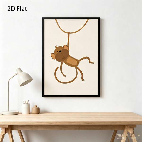 Nordic Wooden Style Light Brown Cute Monkey Vertical Wall Art 30*40cm Narrow Black Frame No Margin Finished Soft Decor Painting For Baby Room Desk Entryway Healing Small Animal Background Wall Decoration