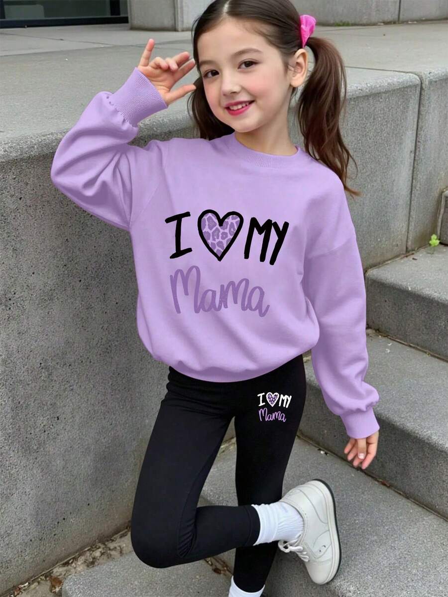 Young Girl Letter Print Crew Neck Long Sleeve Top And Leggings Set - Purple - View 1