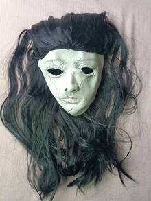 1pc Horror Stitched Face Ghost Mask With Long Black Hair, Female Ghost Cosplay Mask, Halloween Party Haunted House Costume Prop - Multicolor - View 12