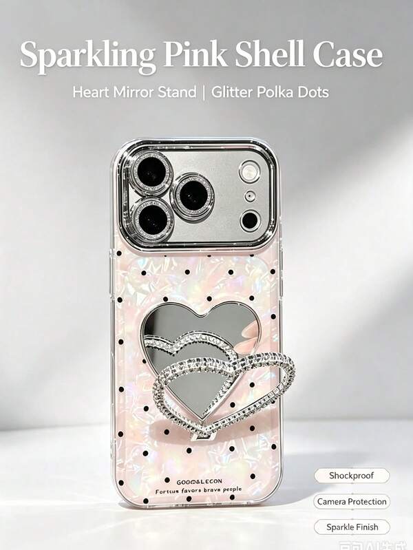 1 keping Sarung Telefon Fesyen, Tekstur Cengkerang Merah Jambu Pucat, Reka Bentuk Bintik Polka Hitam, Cermin Berbentuk Hati dan Stand Berbentuk Hati Berkilau Rhinestone, Perlindungan Lensa Bergliter Cengkerang Lembut, Serasi dengan Telefon Pintar 17 Pro Max 17 Pro 17 Air 16 15 14 13 12 11 Pro Max