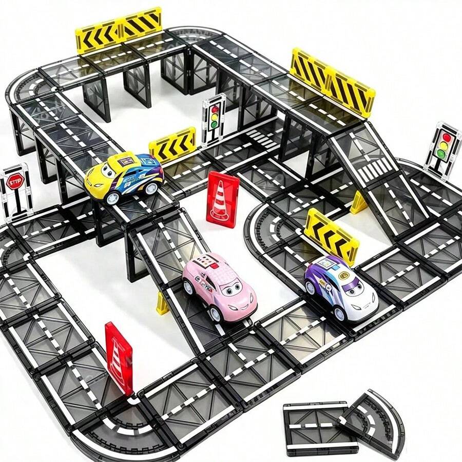 Magnetic Building Blocks Toy Set, Sensory Educational Toy, Simulate Road And Highway Driving, Explore Infinite Imagination, Perfect Parent-Child Interaction Toy, Suitable For Birthday, Christmas Gifts, Color/Style Random - Multicolor - View 1