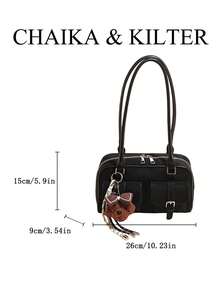 CHAIKA & KILTER 1件裝 素色麂皮布料女款時尚單肩包 多口袋大容量波士頓保齡球包 拉鍊開合 適合日常與外出使用（附吊飾） - 黑色 - 查看 3