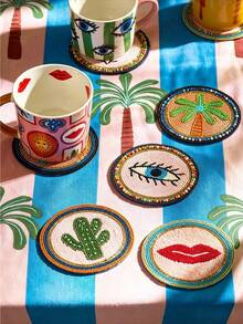 Bohemian Handmade Bead Round Coaster, Evil Eye Lips Cactus Palm Tree Pattern Decorative Drink Cup Mat, Heat Resistant Waterproof Table Protector For Coffee Tea Mug Home Kitchen Cafe Desktop Decor - Multicolor - View 2