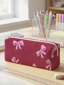 1pc Pencil Case, Stationery Storage Bag, Corduroy Material Bowknot Print Large Capacity Pencil Case For Teenagers, Multi-Function, First Day Of School - Multicolor - View 12