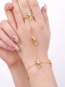 Boho Rose Hand Chain Bracelet For Women, Gold Tone Stainless Steel Ring Bracelet, Floral Jewelry Gift For Bride, Wife And Girlfriend - Gold - View 5