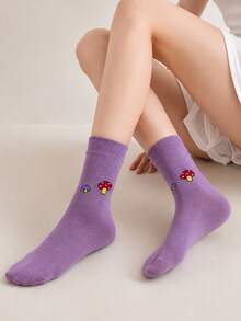 5 Pairs Small Mushroom Solid Color Thick Terry Mid-Calf Socks, Autumn/Winter Daily Commute Casual Versatile Women's Socks - Multicolor - View 6