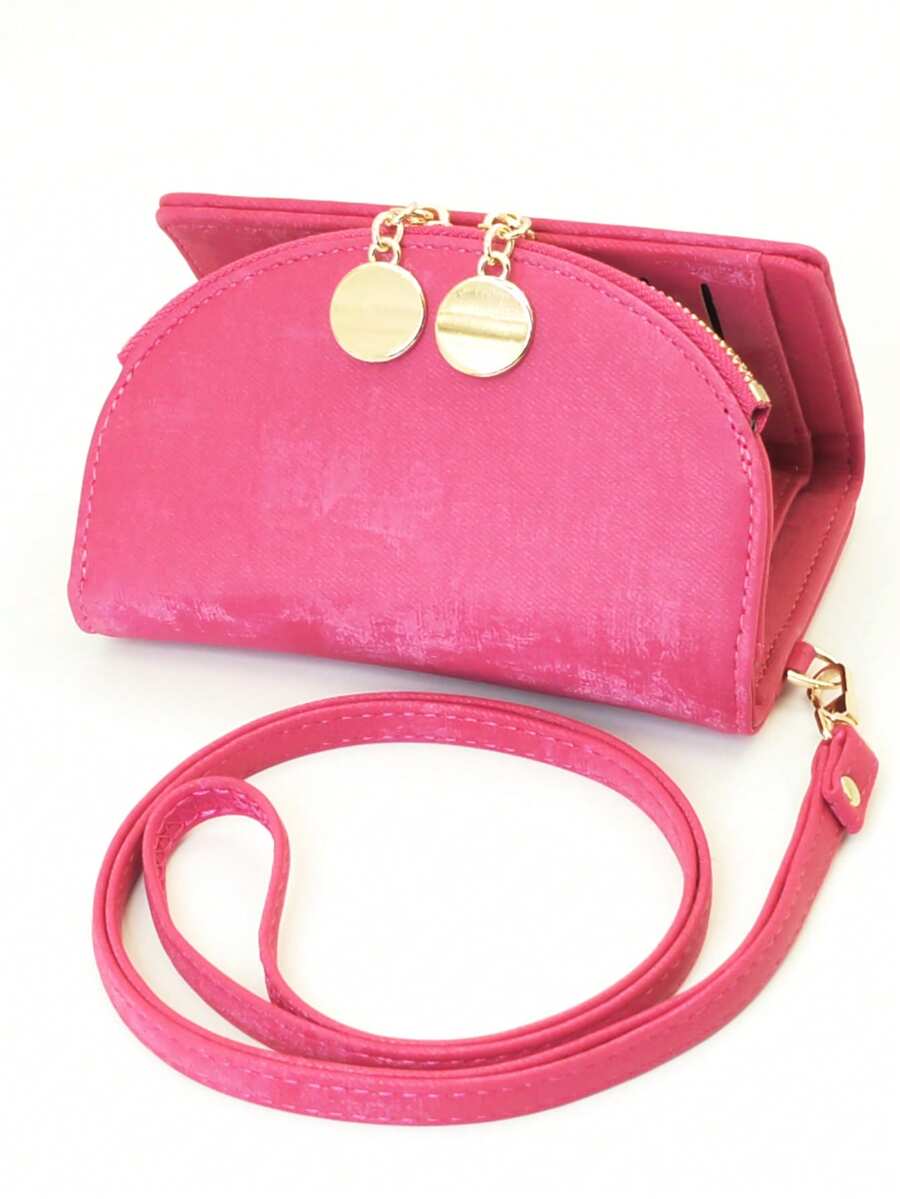 2026 New Halter Wallet Multi-Function Tri-Fold Short Detachable Handheld Wallet Fashion Patchwork Compact Cute Metal Hardware Zipper Coin Purse - Hot Pink - View 1
