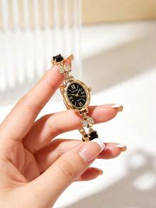 1 Pc Women's Jewelry Oval Dial Quartz Watch Gold Alloy Design Sense Watch Retro Temperament Light Luxury Gift Women's Watch - Black - View 3