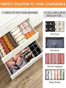 3pcs Socks & Underwear Drawer Organizer Dividers, 33-Grid Foldable Fabric Storage Box For Dresser & Closet, Suitable For Clothes, Baby Clothes, Bras, Panties, Scarves, Ties - Grey - View 6