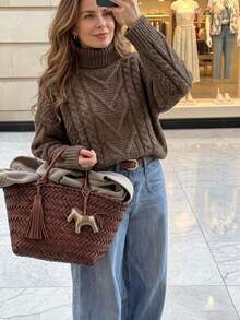 Autumn/Winter Cable Twist Knitted Sweater, Casual Comfortable Ladies Ribbed Turtleneck Pullover - Khaki - View 3