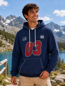 Men's Retro Sports Style 03 Number & Letter Logo Print Sweatshirt, Long Sleeve Drawstring Pocket Daily Streetwear Pullover - Navy Blue - View 2