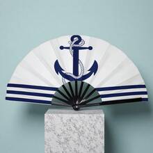 1pc Women's Folding Fan, Anchor On Blue And White Striped Background, Fashion Folding Fan, Summer Folding Fan, Holiday Gift, Birthday Gift Folding Fan, Each Fan Face Color And Pattern Position May Vary Slightly, Randomly Sent - Multicolor - View 3