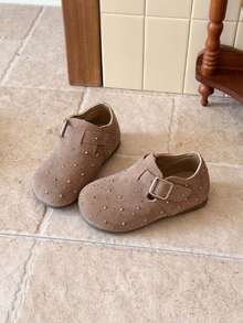 Children's Matte Rhinestone Casual Loafers, Girls' Metal Buckle Soft Sole Retro Slip-On Shoes - Khaki - View 2